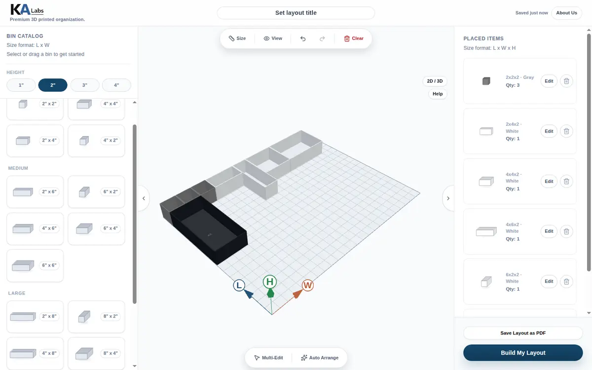 Screenshot of KA Labs — Bin Layout Planner